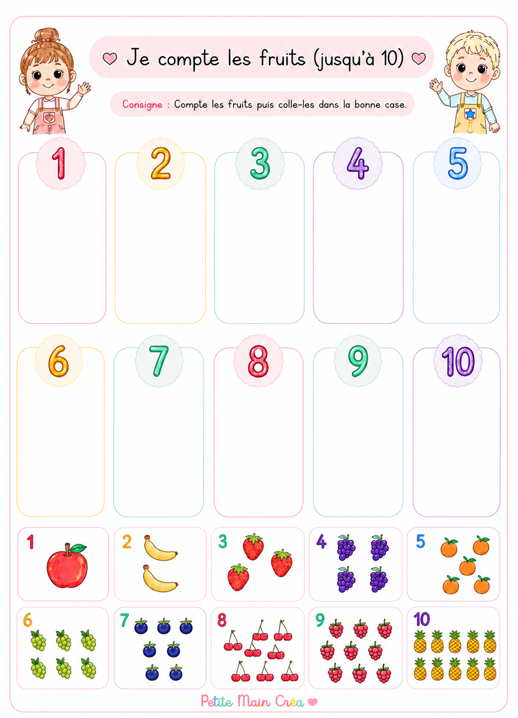 Compter les fruits - niveau 2 ( 1 à 10 )