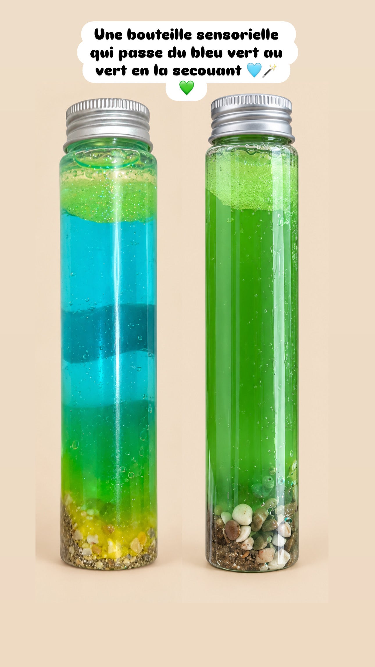 Bouteille sensorielle - bleu et vert 🩵💚